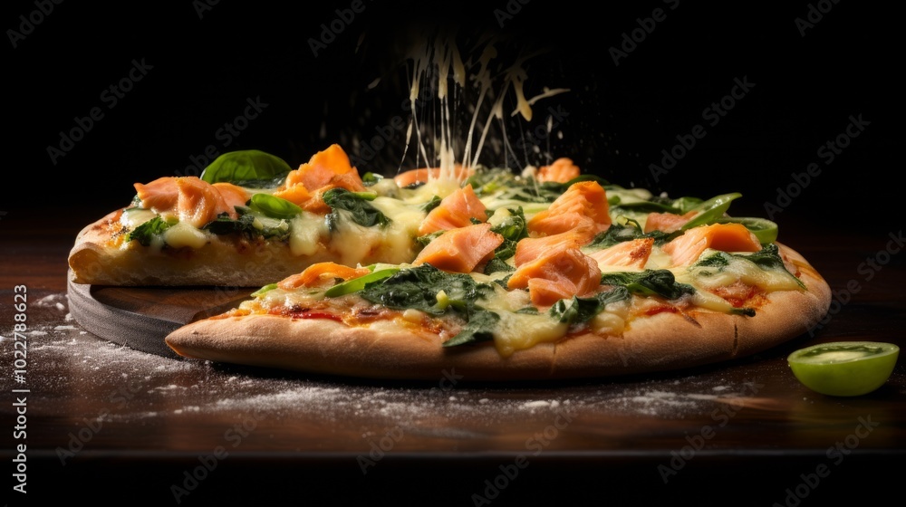 Delicious salmon pizza in bright colors on dark background. Neural network ai generated art Delicious salmon pizza in bright colors on dark background. Neural network ai generated art
