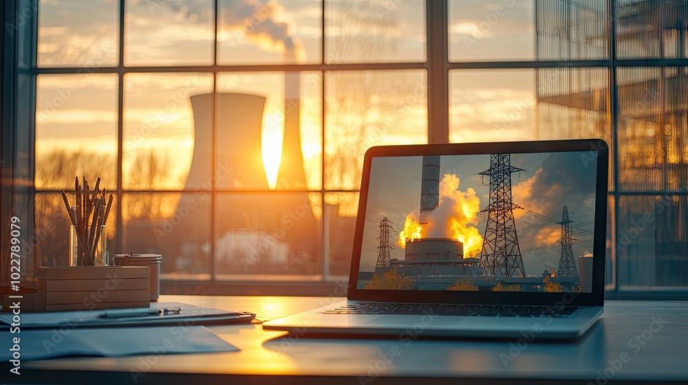 Obraz premium An interactive computer game, a computer game about a nuclear power plant and a nuclear reactor is running on the laptop screen. the interface