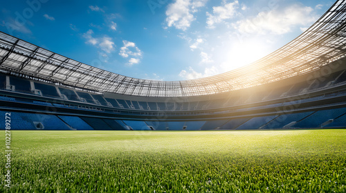 Wide-angle view of an empty football stadium with sunlight and green field 