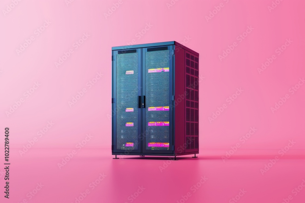 Modern data storage cabinet against a vibrant pink backdrop Modern data storage cabinet against a vibrant pink backdrop