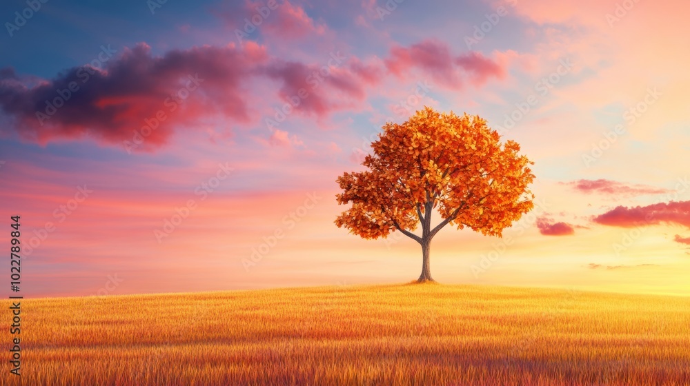 Vibrant Autumn Tree Against Sunset Sky Vibrant Autumn Tree Against Sunset Sky