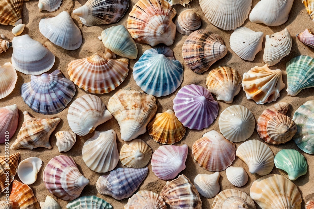 top view of many shells are on sand top view of many shells are on sand