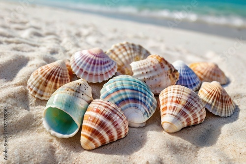 a collection of colorful seashells with beach background