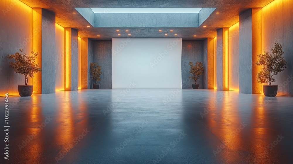 Modern interior space with ambient lighting and empty projection area. Modern interior space with ambient lighting and empty projection area.