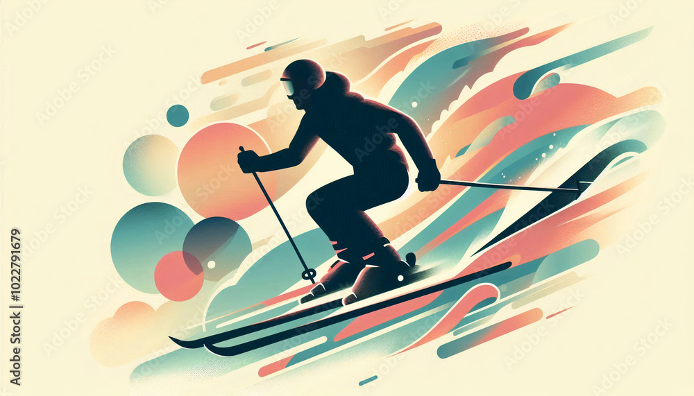 Fototapeta premium Dynamic illustration of a skier in motion, surrounded by flowing abstract shapes, evoking the thrill of skiing and winter sports