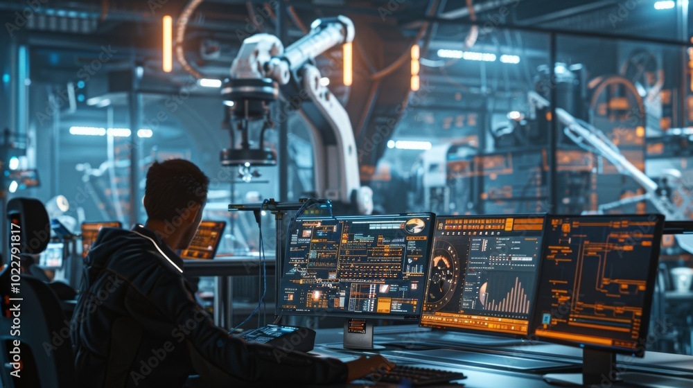 A Focused Operator Monitors Advanced Robotics in a High-Tech Factory Setting A Focused Operator Monitors Advanced Robotics in a High-Tech Factory Setting