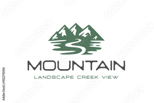 Mountain river landscape vintage logo design with highlands mount and creek design concept for adventure outdoors vector illustration
