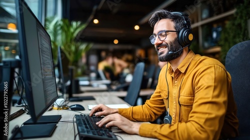 Man wearing headphones working on computer in modern office environment with plants