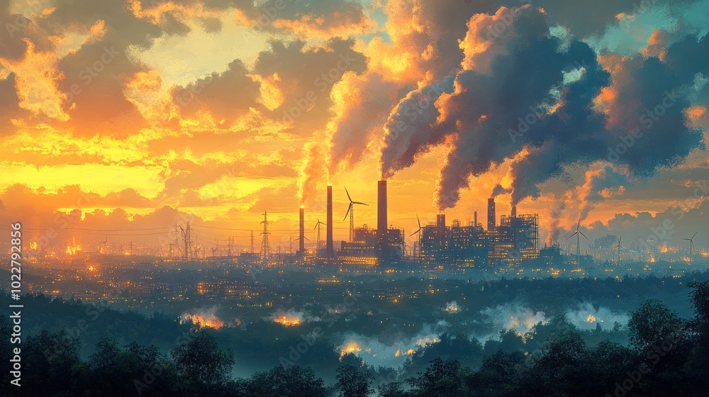 Industrial landscape at sunset with smoke and wind turbines. Industrial landscape at sunset with smoke and wind turbines.