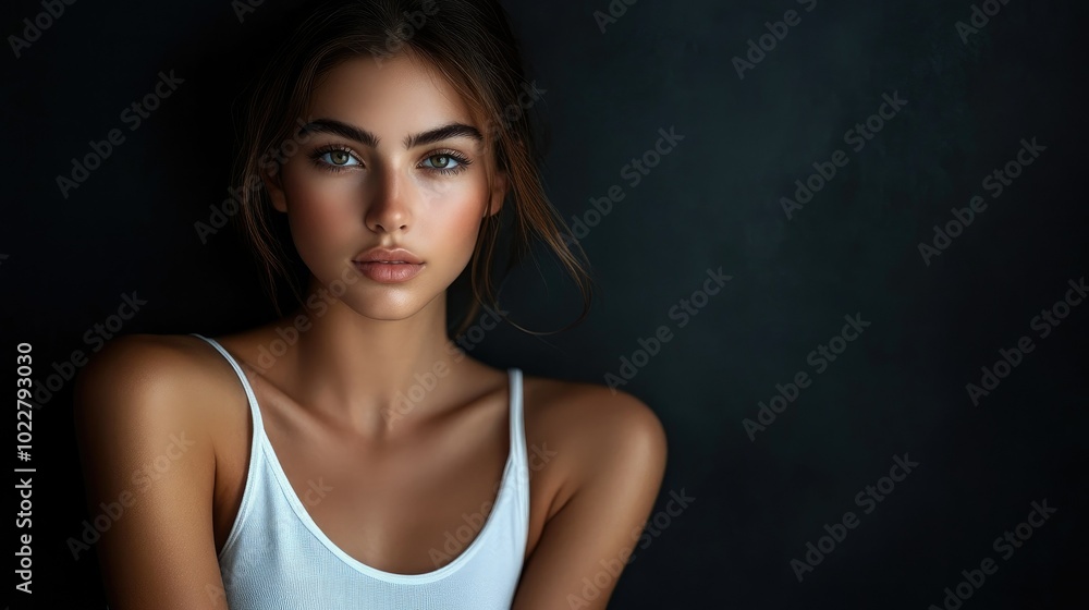 Beautiful woman in white T-shirt Female breast dark background Beautiful woman in white T-shirt Female breast dark background