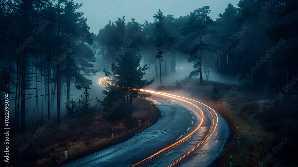 Car headlights and traffic lights on a winding road through pine trees, in a foggy valley at sunset, captured by long exposure photography Car headlights and traffic lights on a winding road through pine trees, in a foggy valley at sunset, captured by long exposure photography