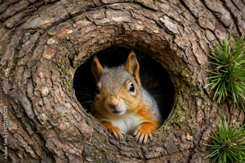 a squirrel is in a hole in a tree trunk. photo