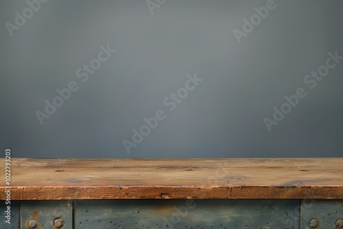 Rustic wooden tabletop with a weathered surface against a gray backdrop