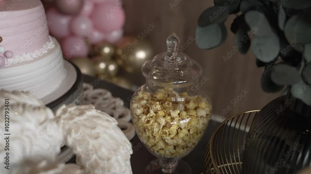 Glass jar filled with popcorn displayed on a table alongside cake and decorative elements Glass jar filled with popcorn displayed on a table alongside cake and decorative elements