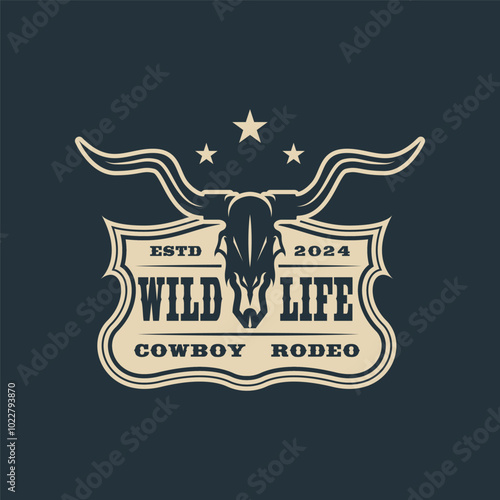 Logo cowboy rodeo. Retro Rodeo logo with equestrian silhouette. Wild west vintage rodeo badge. Vector illustration.