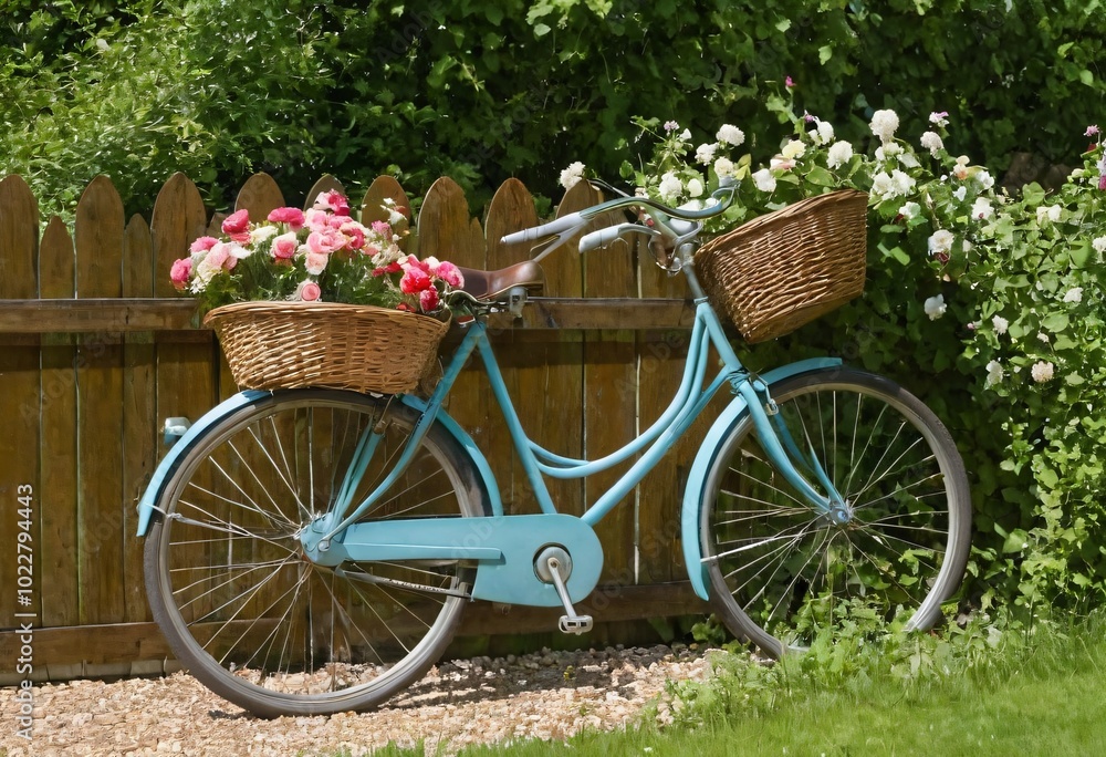 Fototapeta premium A vintage bicycle with a wicker basket parked next to a garden fence, surrounded by blooming flowers on a sunny day in the countryside. Ai generated image