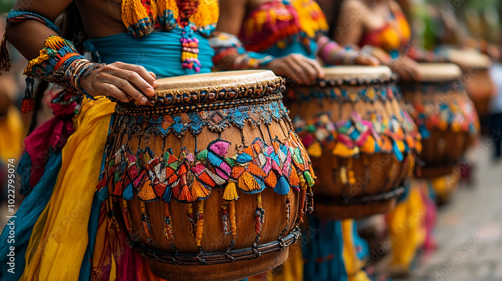 Close up of women in colorful attire playing traditional drums during the traditional carnival parade Close up of women in colorful attire playing traditional drums during the traditional carnival parade