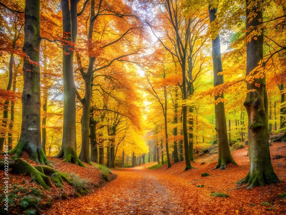 Fototapeta premium Golden autumn in the forest, trees with yellow, orange and red leaves, autumn leaf fall