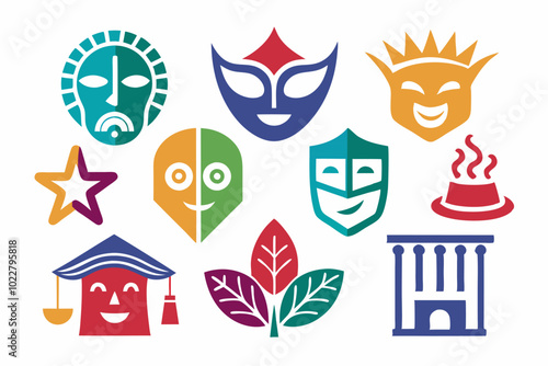 Colorful abstract minimalist theater masks and icons collection for creative design