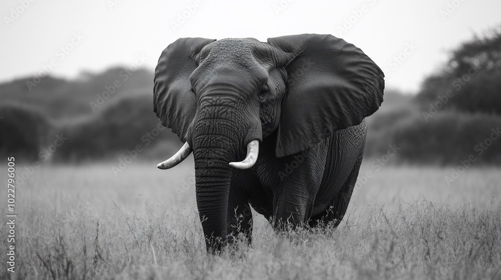 Naklejka premium A large elephant with tusks walks through tall grass towards the viewer, in a black and white photo.