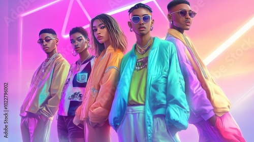 A vibrant group of stylish individuals posing in colorful outfits against a neon backdrop.