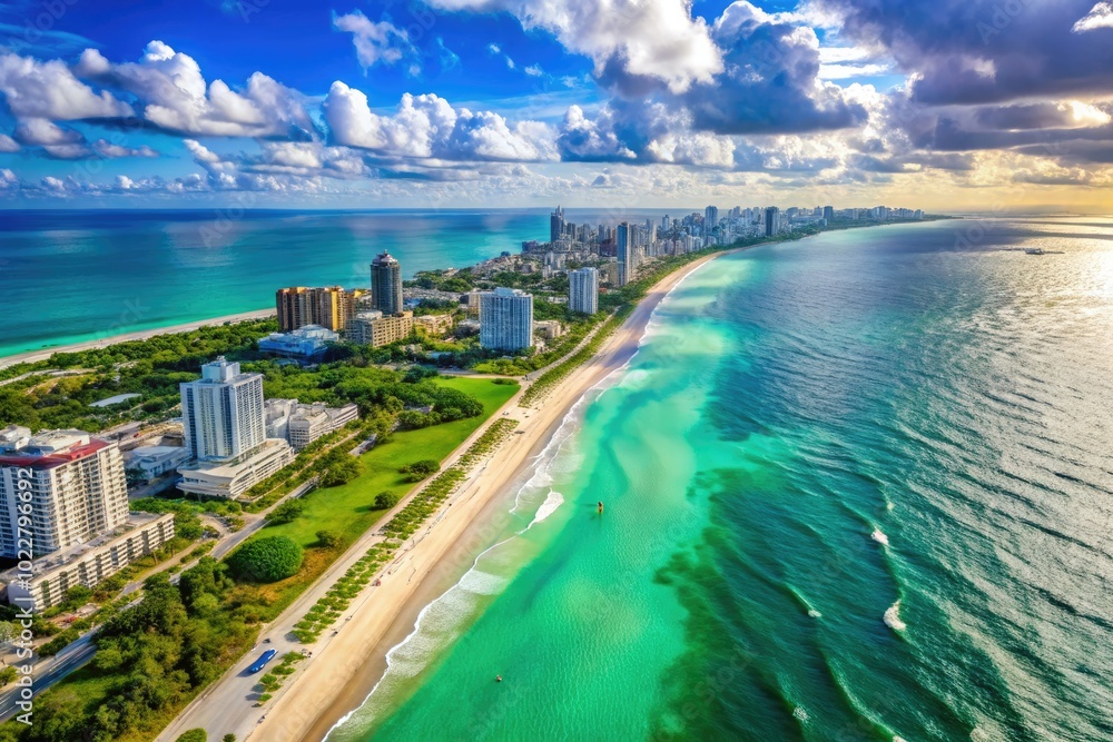 Stunning Miami Beach Florida Aerial View Featuring Crystal Clear Water and White Sandy Shoreline Stunning Miami Beach Florida Aerial View Featuring Crystal Clear Water and White Sandy Shoreline