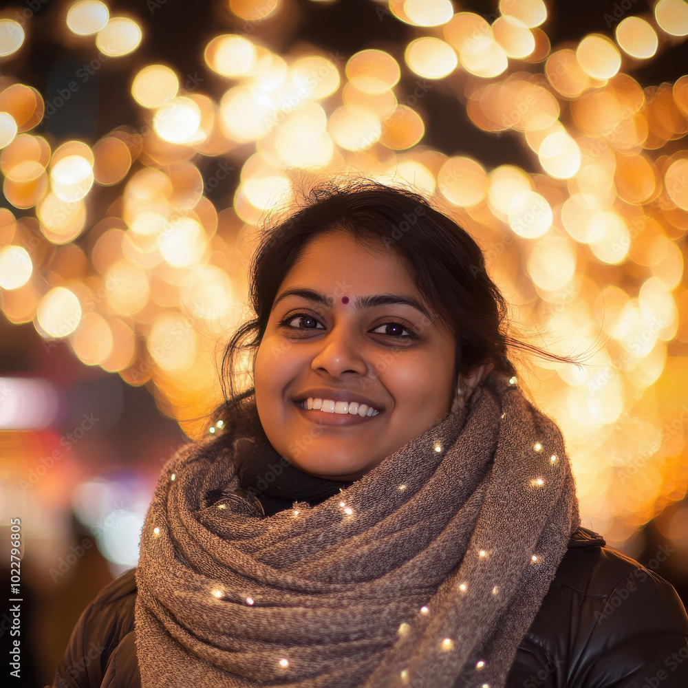 A woman wearing a scarf and a black jacket is smiling A woman wearing a scarf and a black jacket is smiling