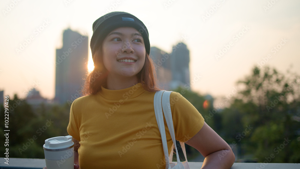 Go green Gen Z woman asia young people looking away in city life nature tree public park reuse cup eco tote bag save the earth world care reduce issues asian future hope net zero waste the way forward Go green Gen Z woman asia young people looking away in city life nature tree public park reuse cup eco tote bag save the earth world care reduce issues asian future hope net zero waste the way forward