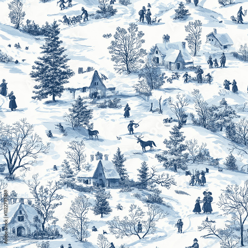 A Toile de Jouy seamless pattern showcasing scenes of traditional European winter festivals photo