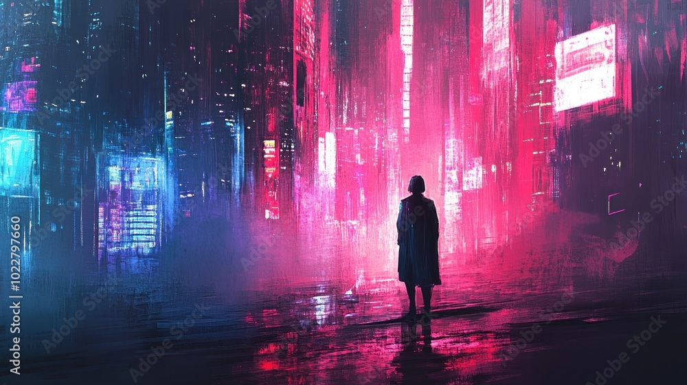 A solitary figure stands in a vibrant, neon-lit urban landscape, evoking a futuristic atmosphere. A solitary figure stands in a vibrant, neon-lit urban landscape, evoking a futuristic atmosphere.