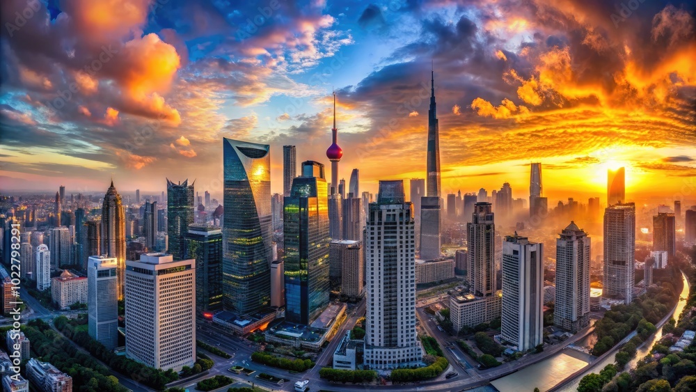 Fototapeta premium Stunning panoramic view of a futuristic city skyline at sunset with vibrant colors and reflections