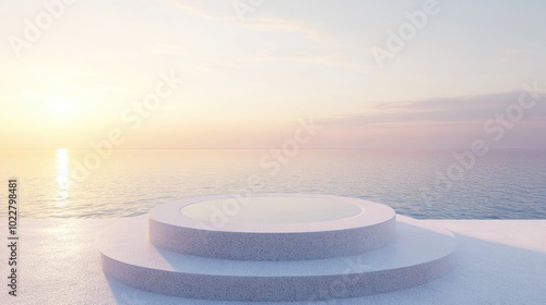 3D render of a podium setting overlooking a pool by the sea