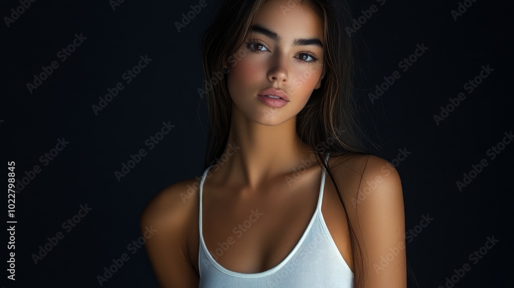 Beautiful woman in white T-shirt Female breast dark background Beautiful woman in white T-shirt Female breast dark background