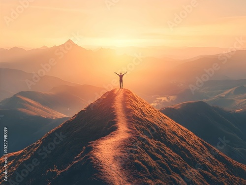 a lone figure standing victoriously on a mountain peak, arms raised toward the golden rays of a rising sun.  photo