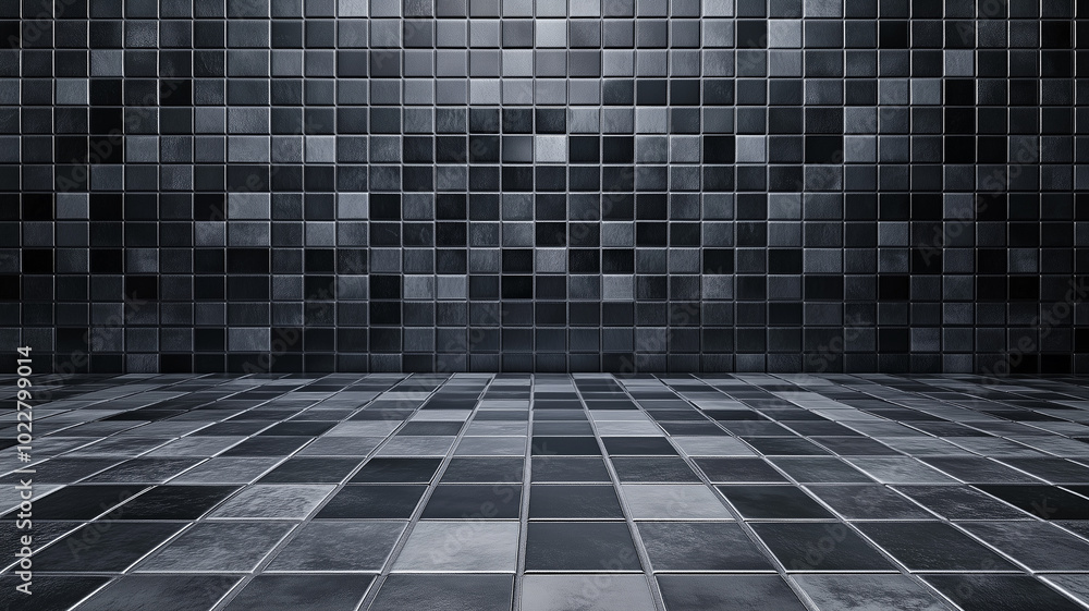 Black ceramic wall chequered and floor tiles mosaic background in bathroom, kitchen. Design pattern geometric with grid wallpaper texture decoration pool. Simple seamless abstract surface clean. Black ceramic wall chequered and floor tiles mosaic background in bathroom, kitchen. Design pattern geometric with grid wallpaper texture decoration pool. Simple seamless abstract surface clean.