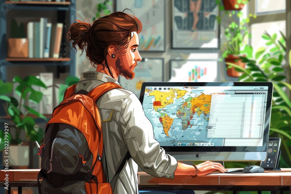 A man selects a travel package on a website through a laptop A man selects a travel package on a website through a laptop