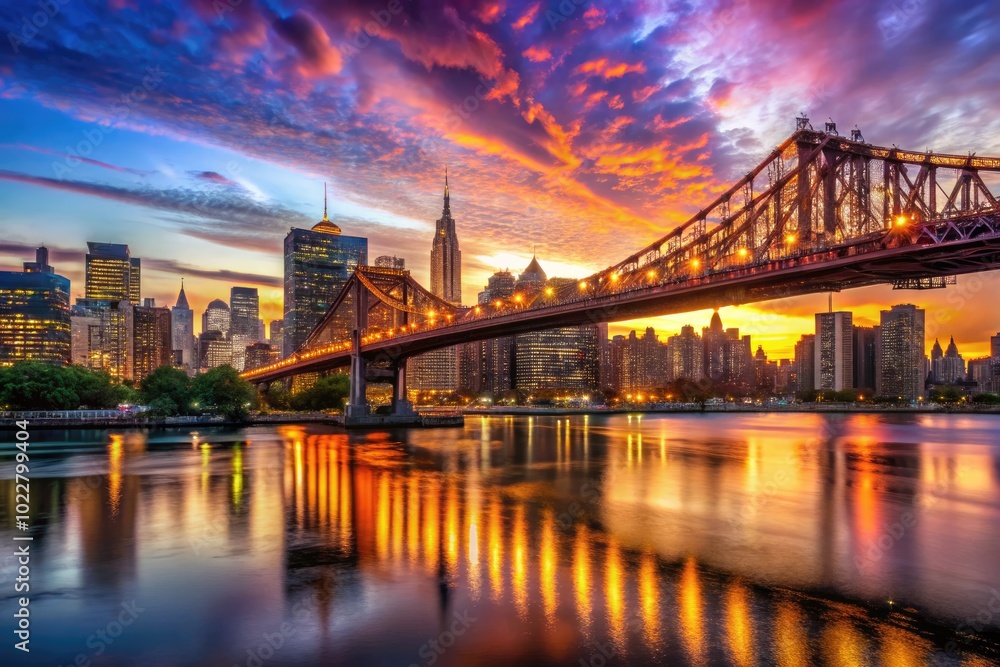 Naklejka premium Stunning Queensboro Bridge at Sunset Over East River with City Skyline in the Background