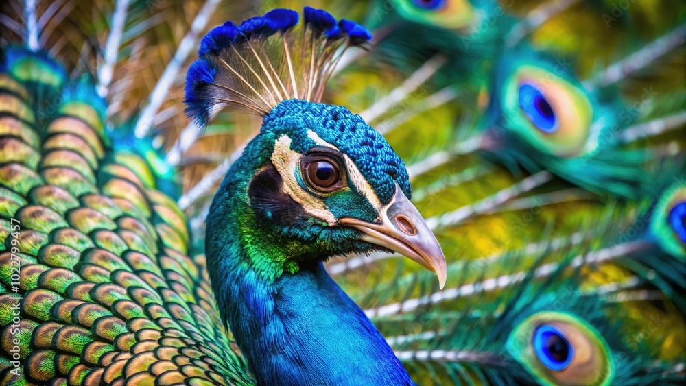Obraz premium Stunning Rare Peacock Displaying Vibrant Feathers in Natural Habitat Captured in Brilliant Detail