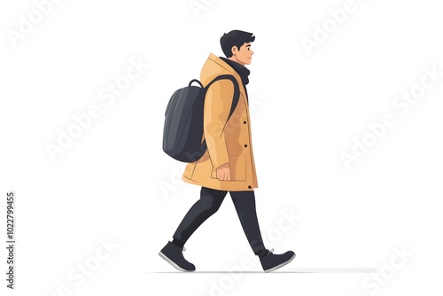 Person in Minimalist Coat with Backpack Walking to Work on First Day