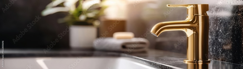 Elegant gold faucet in a modern kitchen with a dark stone countertop, brightened by natural light. Elegant gold faucet in a modern kitchen with a dark stone countertop, brightened by natural light.