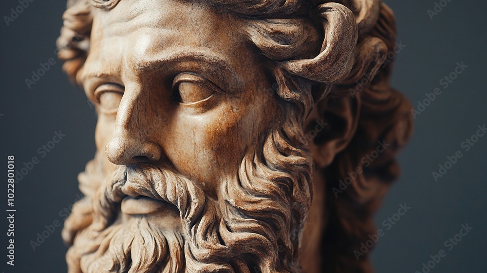 Marble statue of greek god Zeus isolated on black background. Antique sculpture of man with beard Marble statue of greek god Zeus isolated on black background. Antique sculpture of man with beard