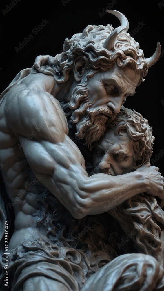 Naklejka premium Two male figures in armor, one with horns, embracing in classical mythological sculpture