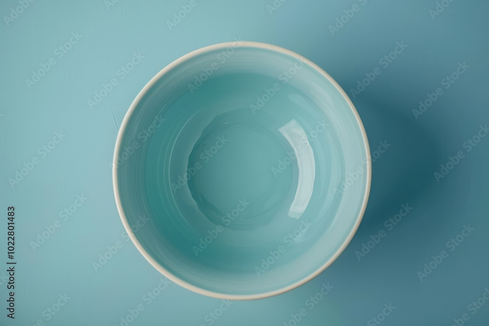 Aerial view of a blue ceramic bowl on a smooth turquoise surface Aerial view of a blue ceramic bowl on a smooth turquoise surface