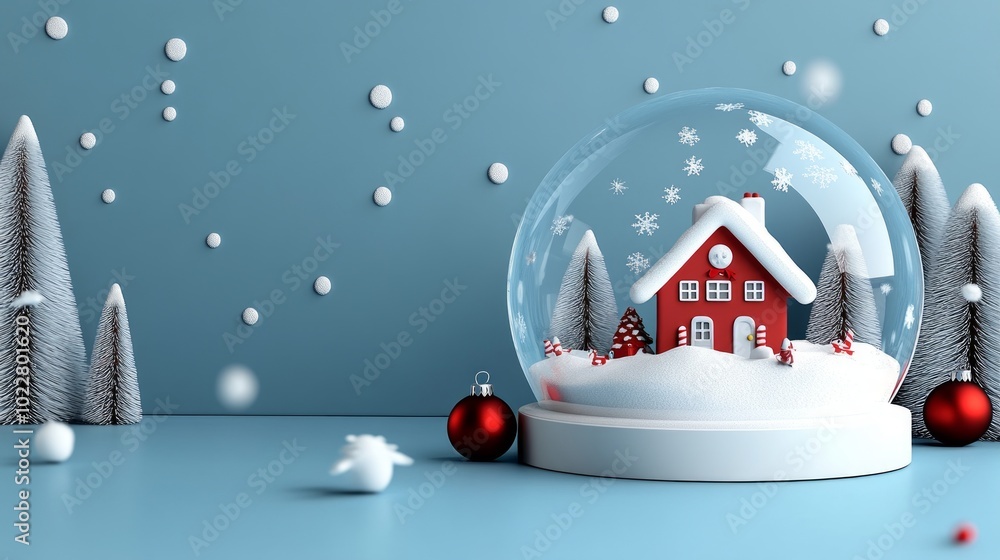 Festive snow globe with a cozy red house and snow covered trees creates a magical holiday atmosphere, evoking warmth and joy