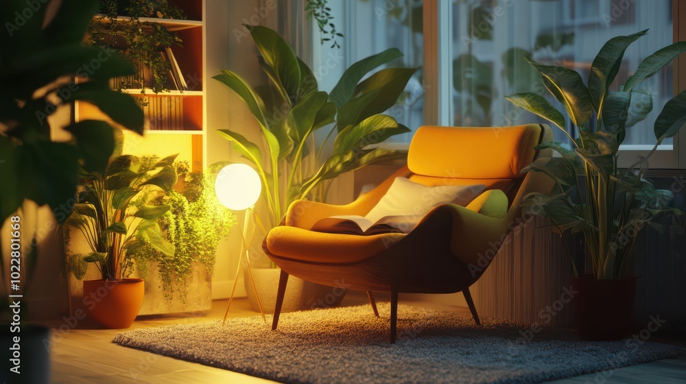 Fototapeta premium Cozy reading nook with a bright yellow chair, a book, and lush plants in a peaceful indoor setting during the evening