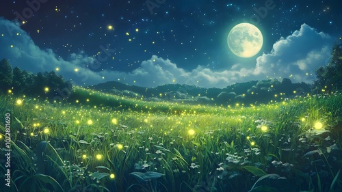 A peaceful moonlit field illuminated by glowing fireflies under a starry sky.