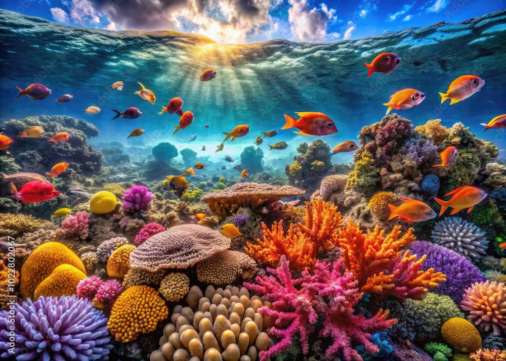 Naklejka premium Stunning underwater scene showcasing vibrant aquatic life and colorful coral formations in harmony