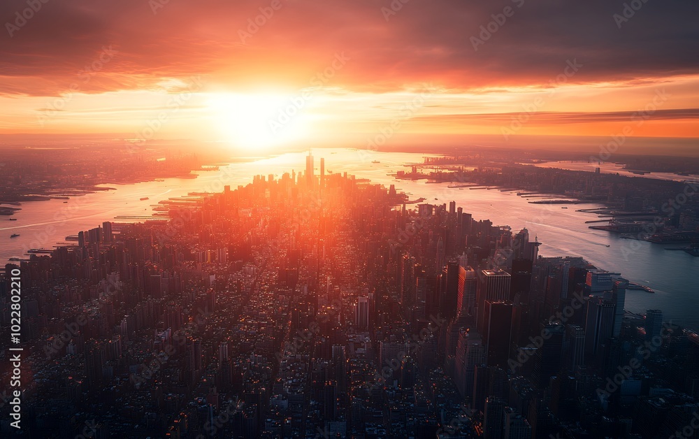 A breathtaking aerial view of a city skyline at sunset, the golden light illuminating the cityscape. A breathtaking aerial view of a city skyline at sunset, the golden light illuminating the cityscape.