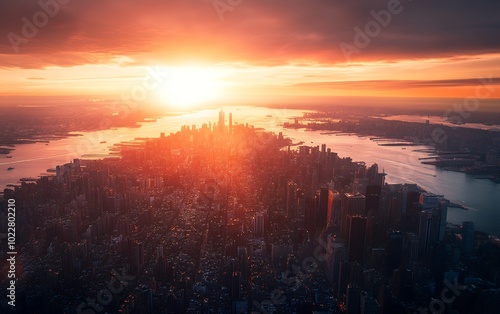 A breathtaking aerial view of a city skyline at sunset, the golden light illuminating the cityscape.