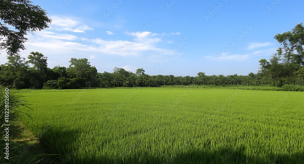 Expansive green rice paddy field under a bright blue sky. Expansive green rice paddy field under a bright blue sky.